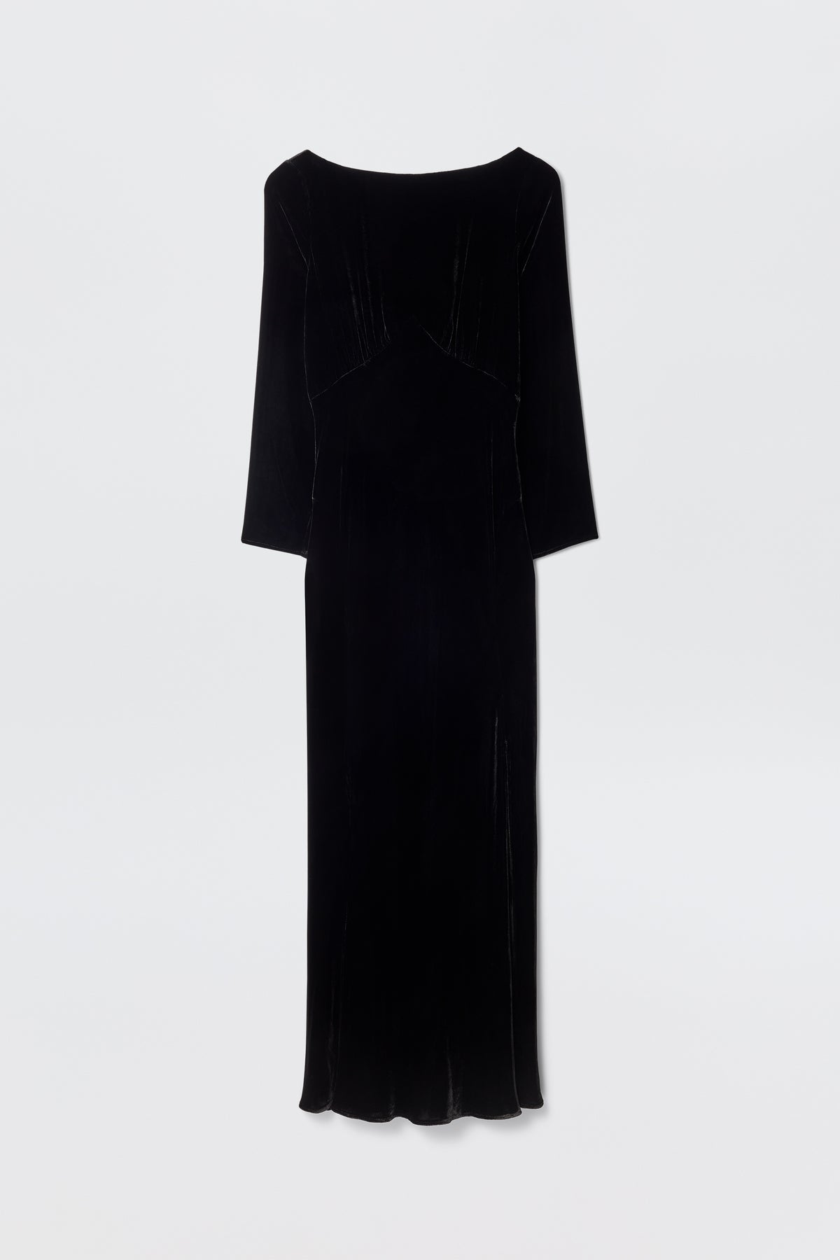 The Devina - Black is an elegant long-sleeved, floor-length black velvet gown with a high neckline and slightly fitted silhouette, shown against a plain white background.