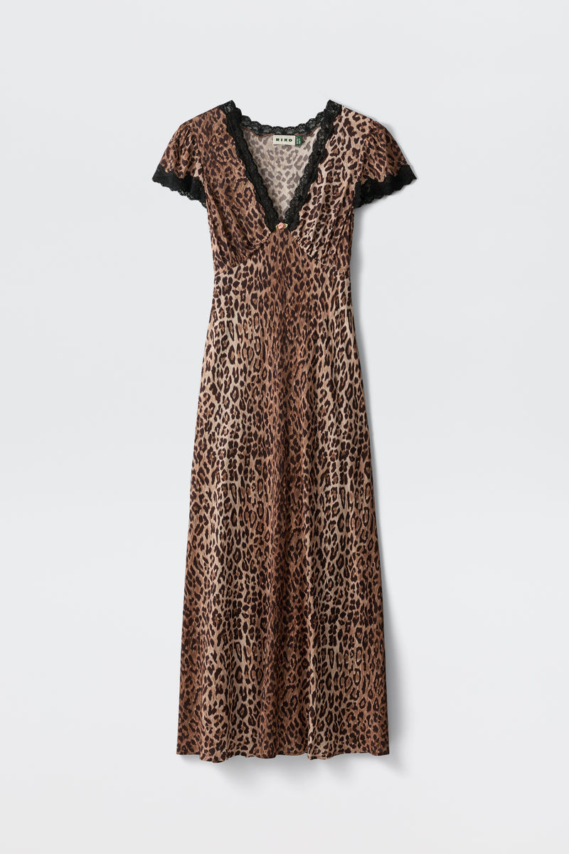 Clarice - Brown Leopard is a long, short-sleeved dress with a brown and black leopard print and a deep V-neckline trimmed in black lace.