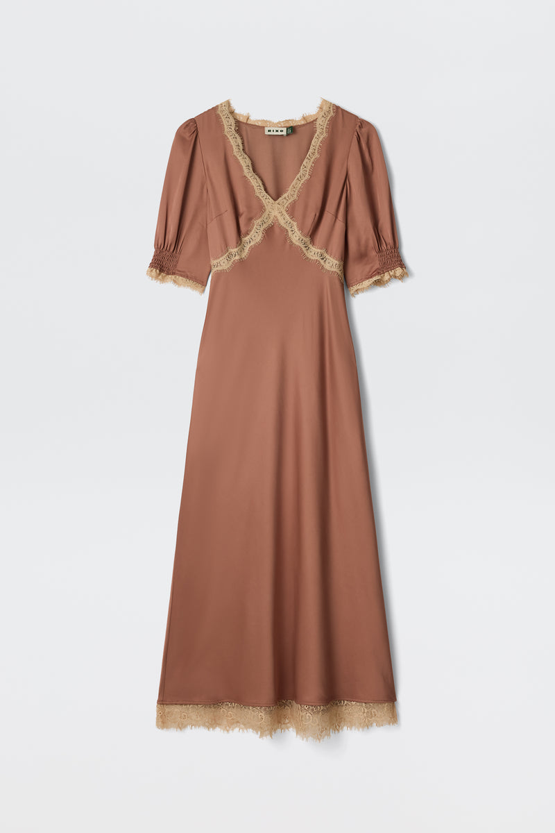 The Annina - Mocha is a long, short-sleeved brown dress with puffed sleeves and cream lace trim on the neckline, cuffs, and hem, shown flat on a white background.
