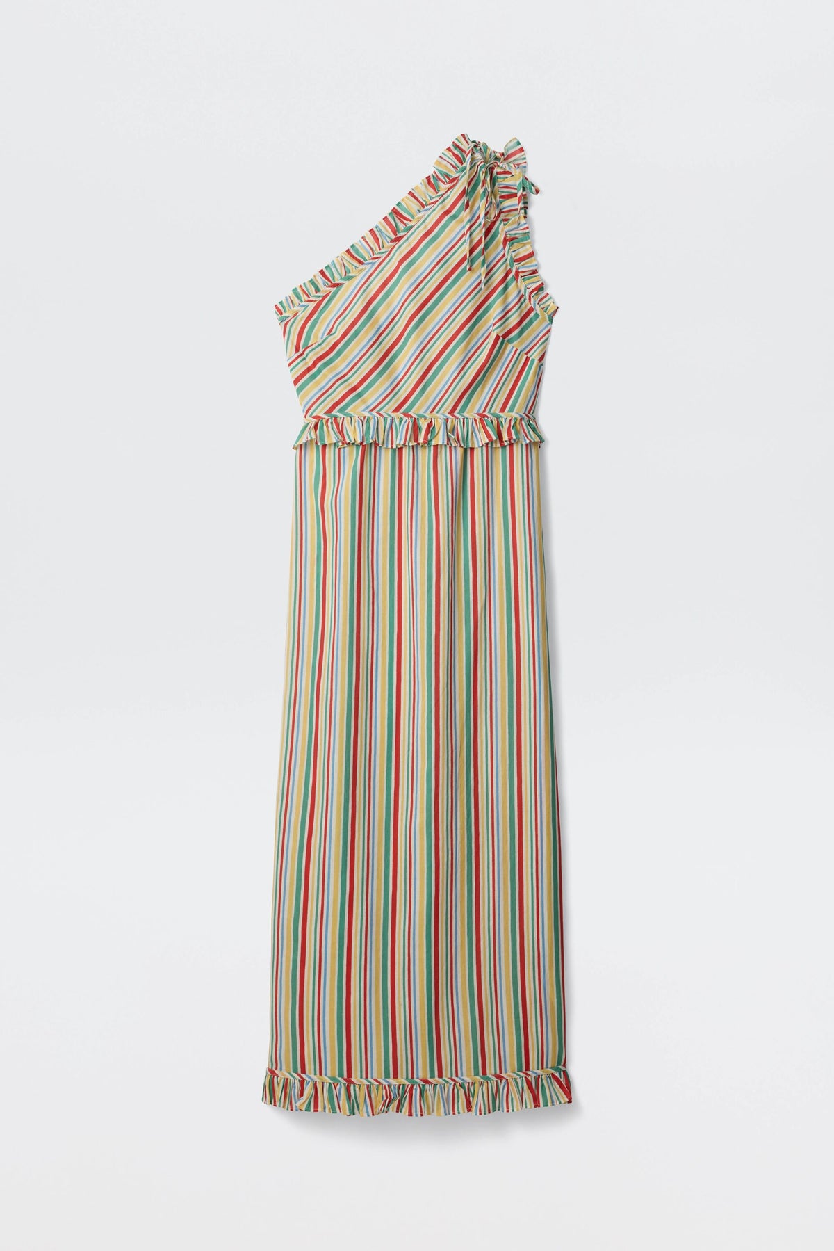 Arabelle - Maxime Stripe Ivory sleeveless, one-shoulder maxi dress featuring colorful vertical stripes and ruffle details at the neckline, waist, and hem, shown laid flat on a white background.