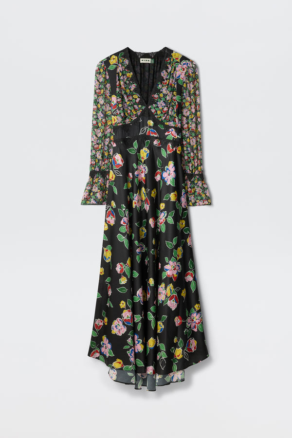 The Arlena Kimmie Mix Black is a long-sleeved, black floral dress with a V-neckline, multicolored flowers, sheer ruffled sleeves, and a flowing skirt.