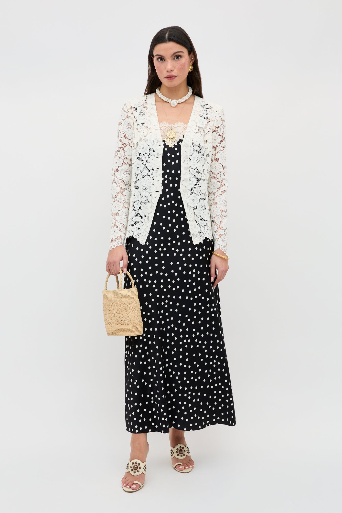A woman poses against a white background wearing the Rosamarie - Scattered Dot Black dress, paired with a white lace cardigan, woven handbag, necklace, and beige floral sandals.