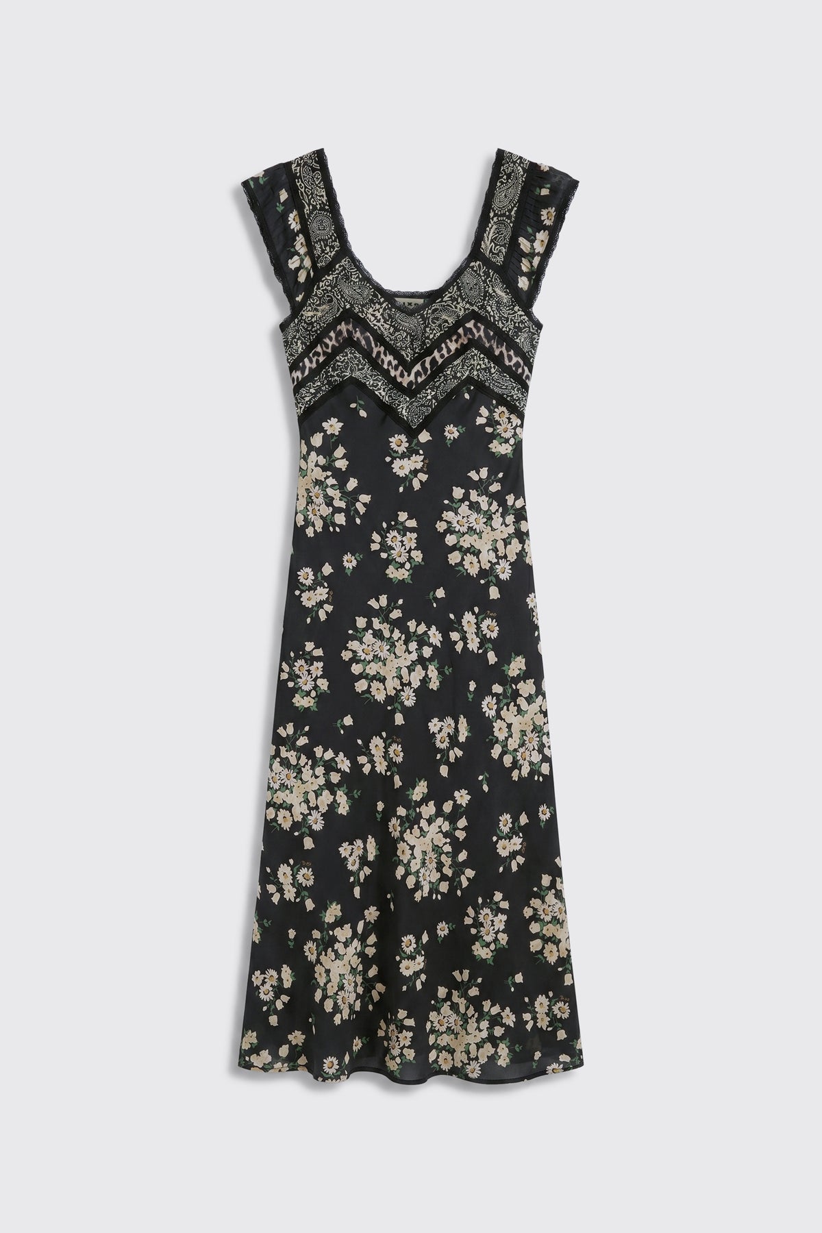 Bailee - Amelia Gremlin Mix Black is a sleeveless black dress with a V-shaped neckline, adorned with white embroidery and floral patterns throughout. It features a fitted bodice and a slightly flared hem.
