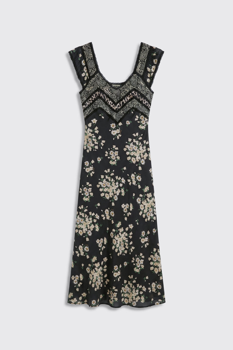 Bailee - Amelia Gremlin Mix Black is a sleeveless black dress with a V-shaped neckline, adorned with white embroidery and floral patterns throughout. It features a fitted bodice and a slightly flared hem.