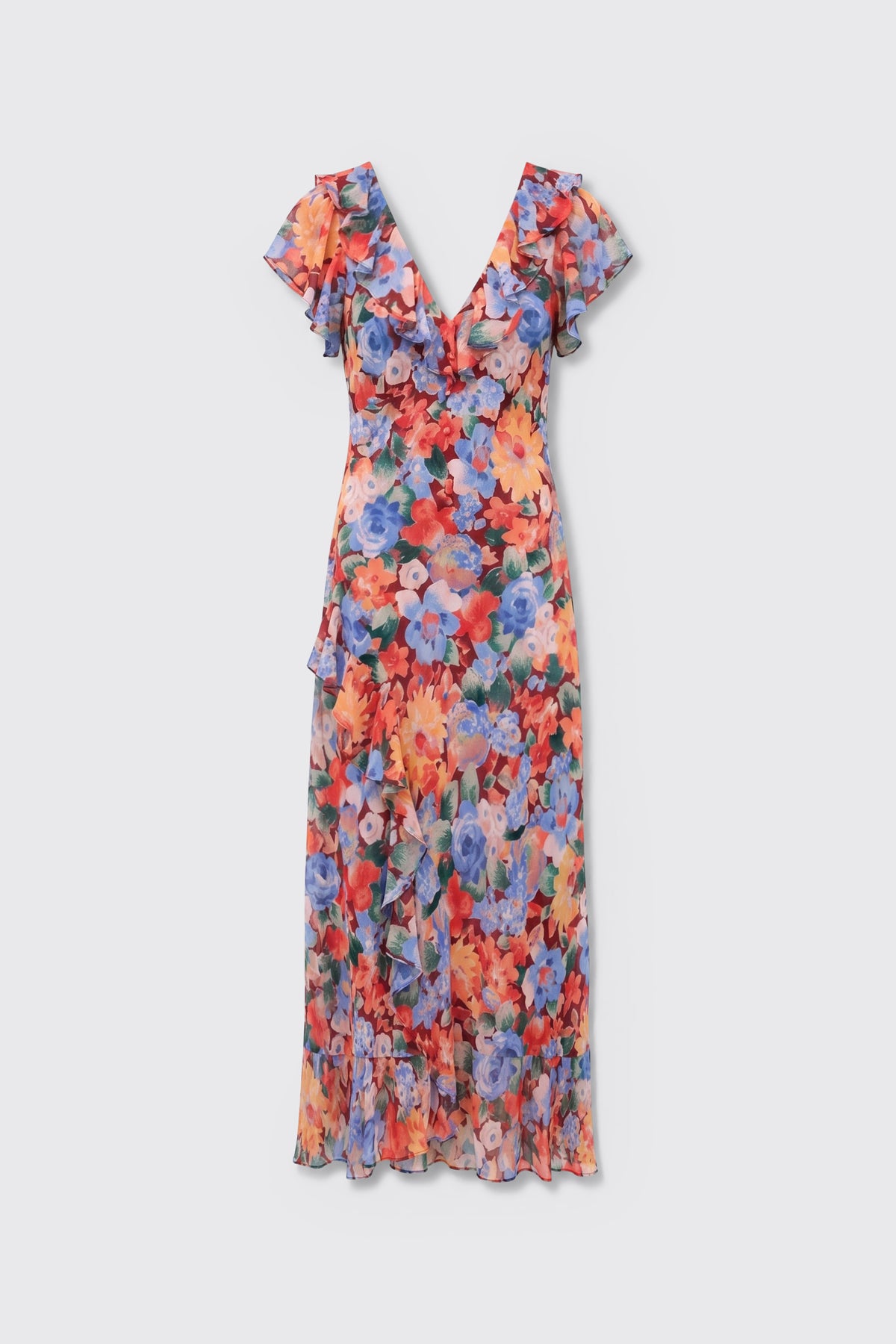 Meadow - Chelsea Floral Red features a V-neckline, short flutter sleeves, a fitted waist, and a ruffled hem, adorned with vibrant red, orange, blue, and purple floral prints on a light background.