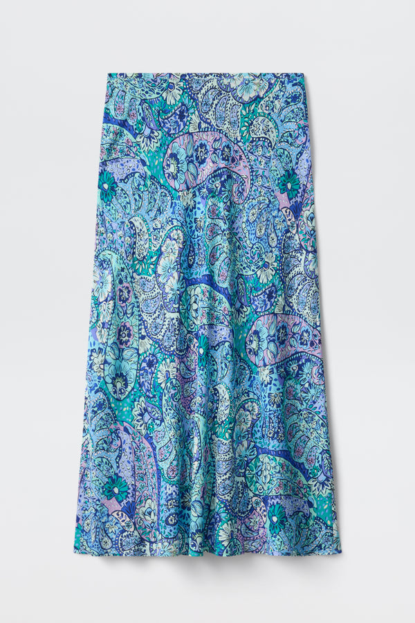A flowy midi skirt featuring a blue and purple paisley pattern, the Kelly - Paisley Floral Blue is displayed flat on a white background.