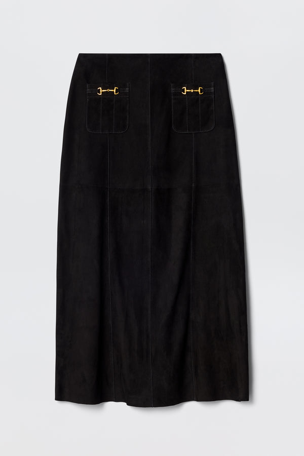 The Edwina - Black is a vintage-inspired black suede skirt featuring two front patch pockets with decorative gold buckles, a straight silhouette, and subtle vertical seam lines for timeless appeal.