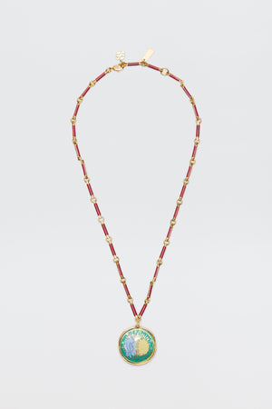 Ari - Astro Taurus: Gold chain necklace with red enamel links and a round pendant featuring a vibrant floral design, shown on a white background—a stylish zodiac accessory for any occasion.