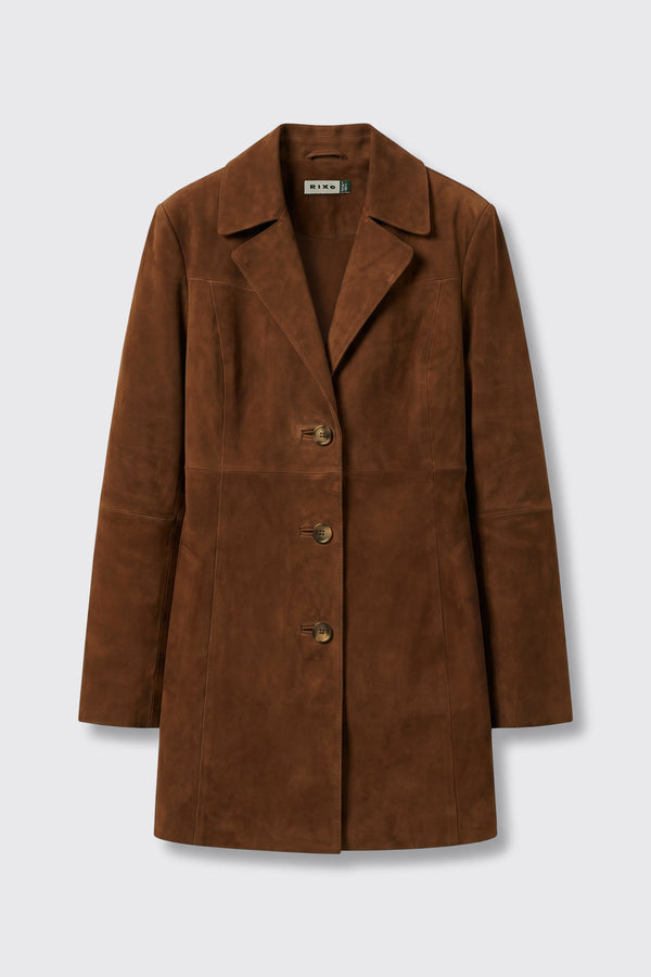 Lainey - Chestnut: A brown suede women’s coat featuring a notched lapel collar, long sleeves, three front buttons, and a tailored fit, showcased against a plain light gray background.