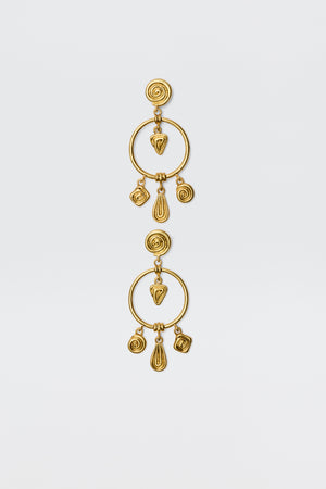 The Thome - Gold earrings feature circular posts, large open hoops, and dangling spiral and teardrop geometric charms for a bohemian look, shown against a plain white background.