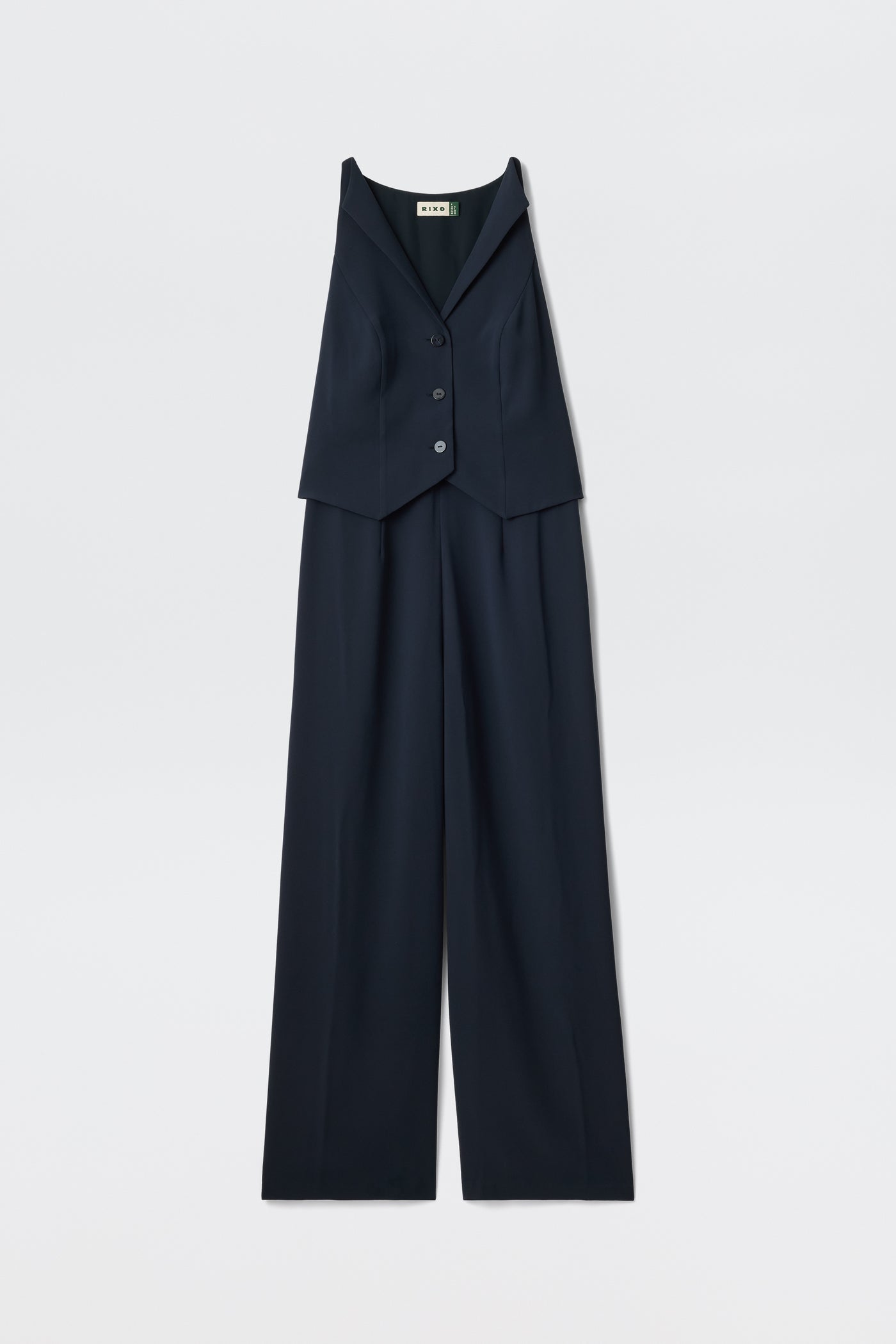The Sienna 2 - Navy is a sleeveless jumpsuit in dark navy, featuring a button-up vest-style top and wide-leg pants, displayed on a white background.