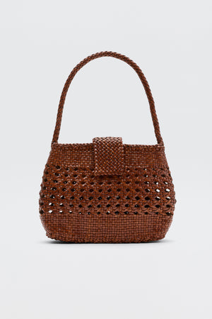 The Amoria - Tan is a brown woven handbag inspired by vintage styles, featuring a single braided handle and flap closure, shown against a plain light background.