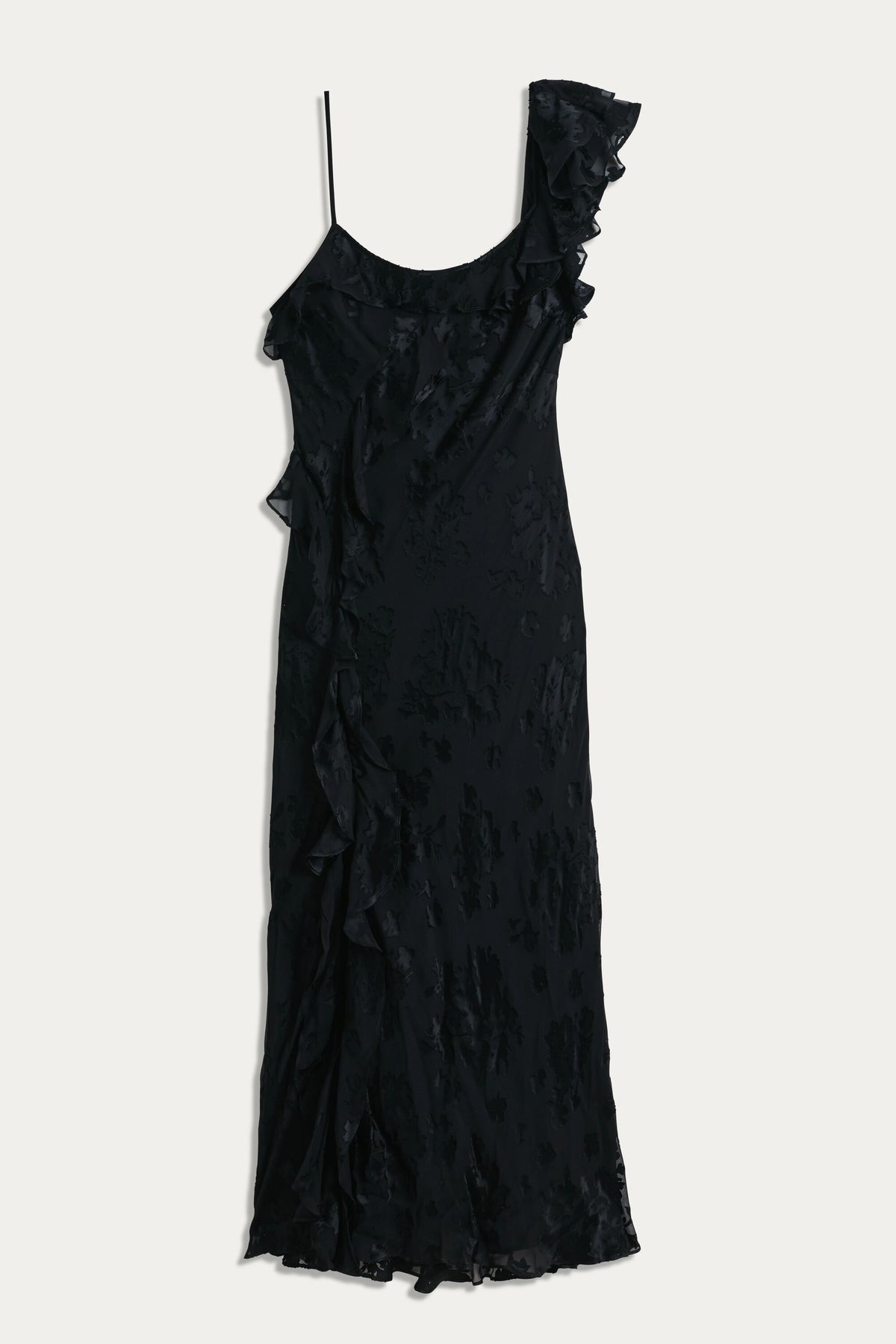 The Ester - Bouquet Devore Black is a stunning black evening dress, perfect for black tie events and sure to make a lasting impression.