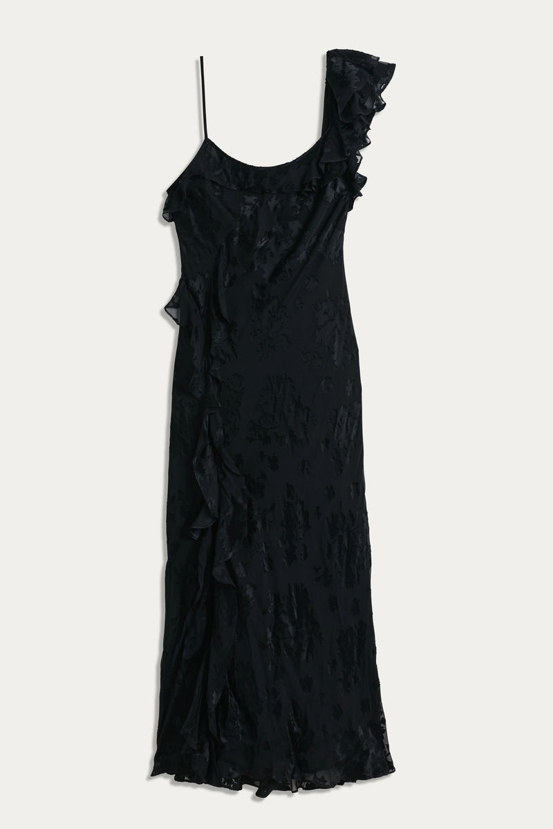 The Ester - Bouquet Devore Black is a stunning black evening dress, perfect for black tie events and sure to make a lasting impression.
