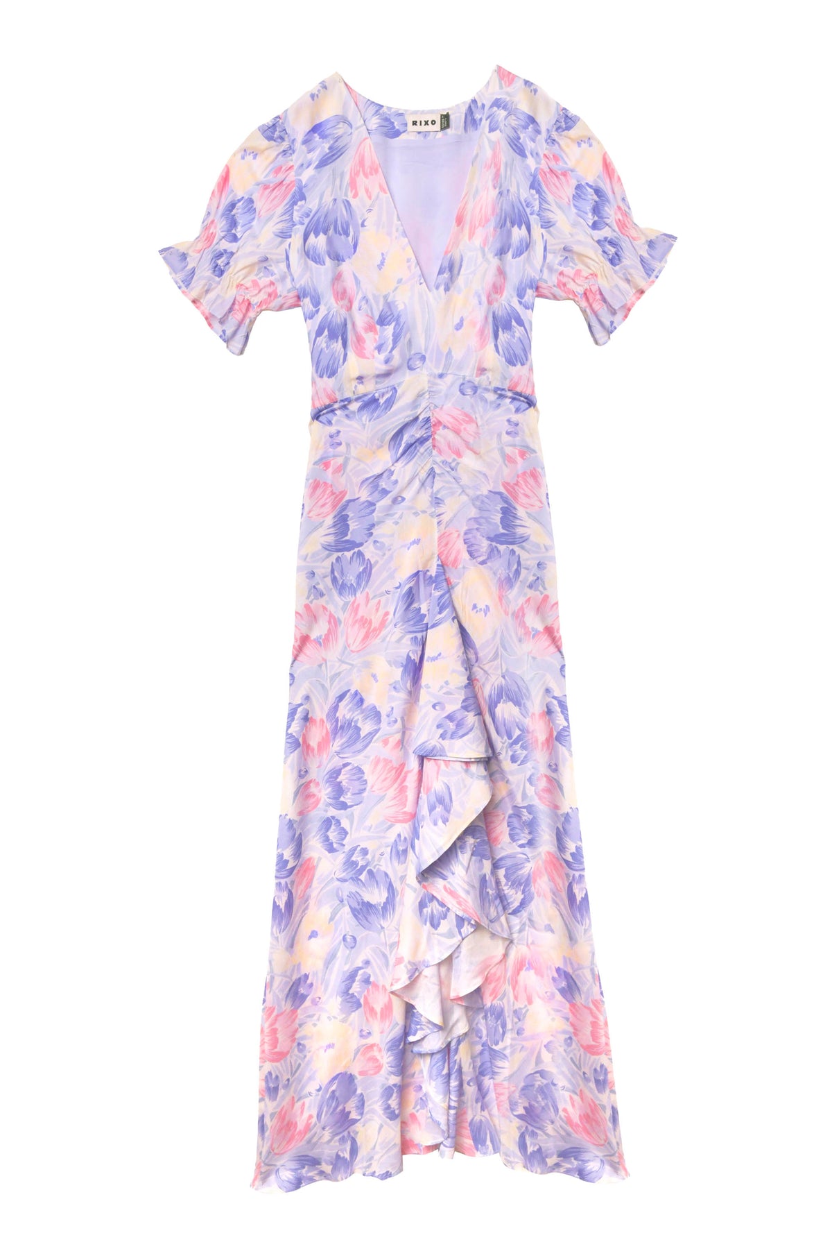 The Ariel - Tulip Fields Blue dress is an ankle-length, vintage-inspired design with short sleeves, a V-neck, pastel pink/purple/blue tulip print, ruffled front details, and a fitted waist—ideal for special occasions.