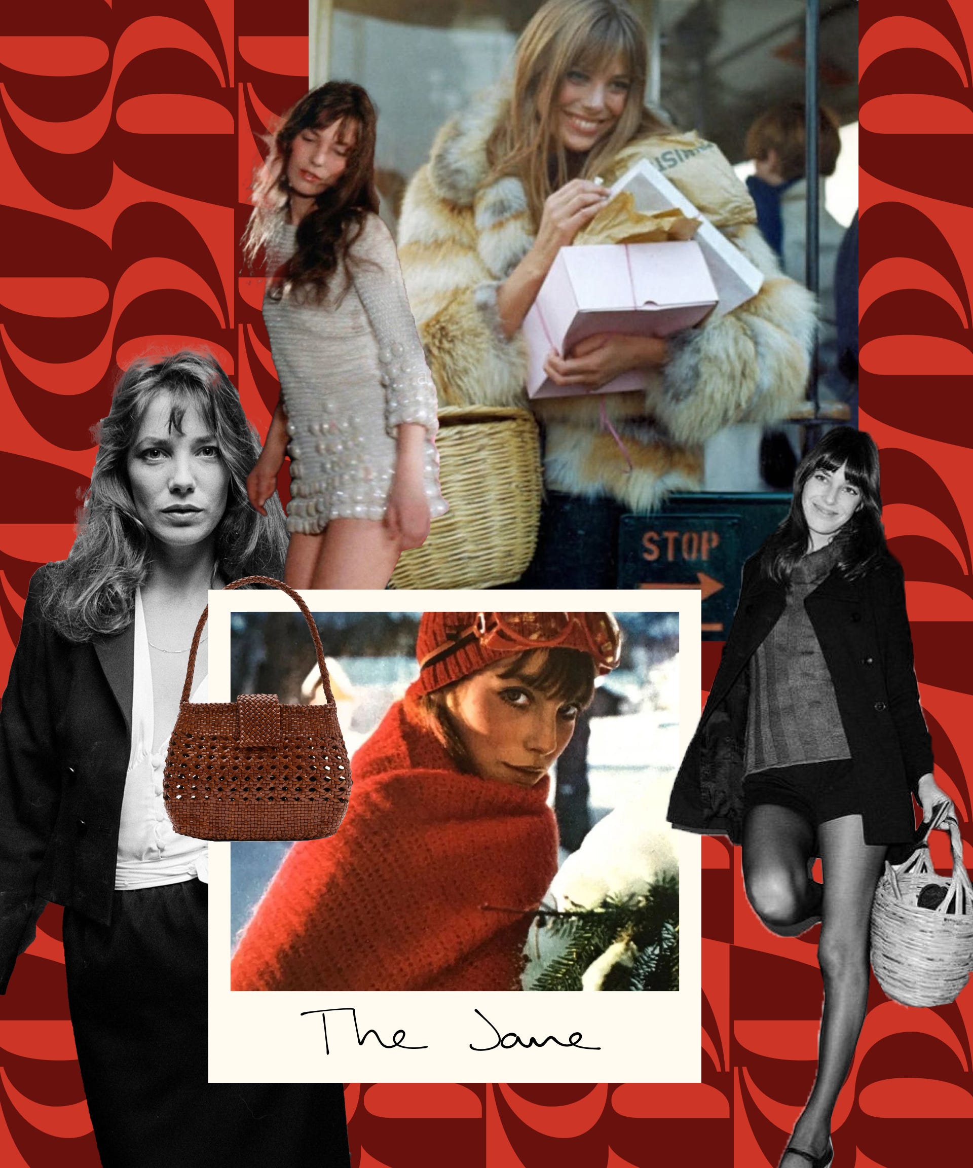 Collage of women with handbags against a red and white patterned background