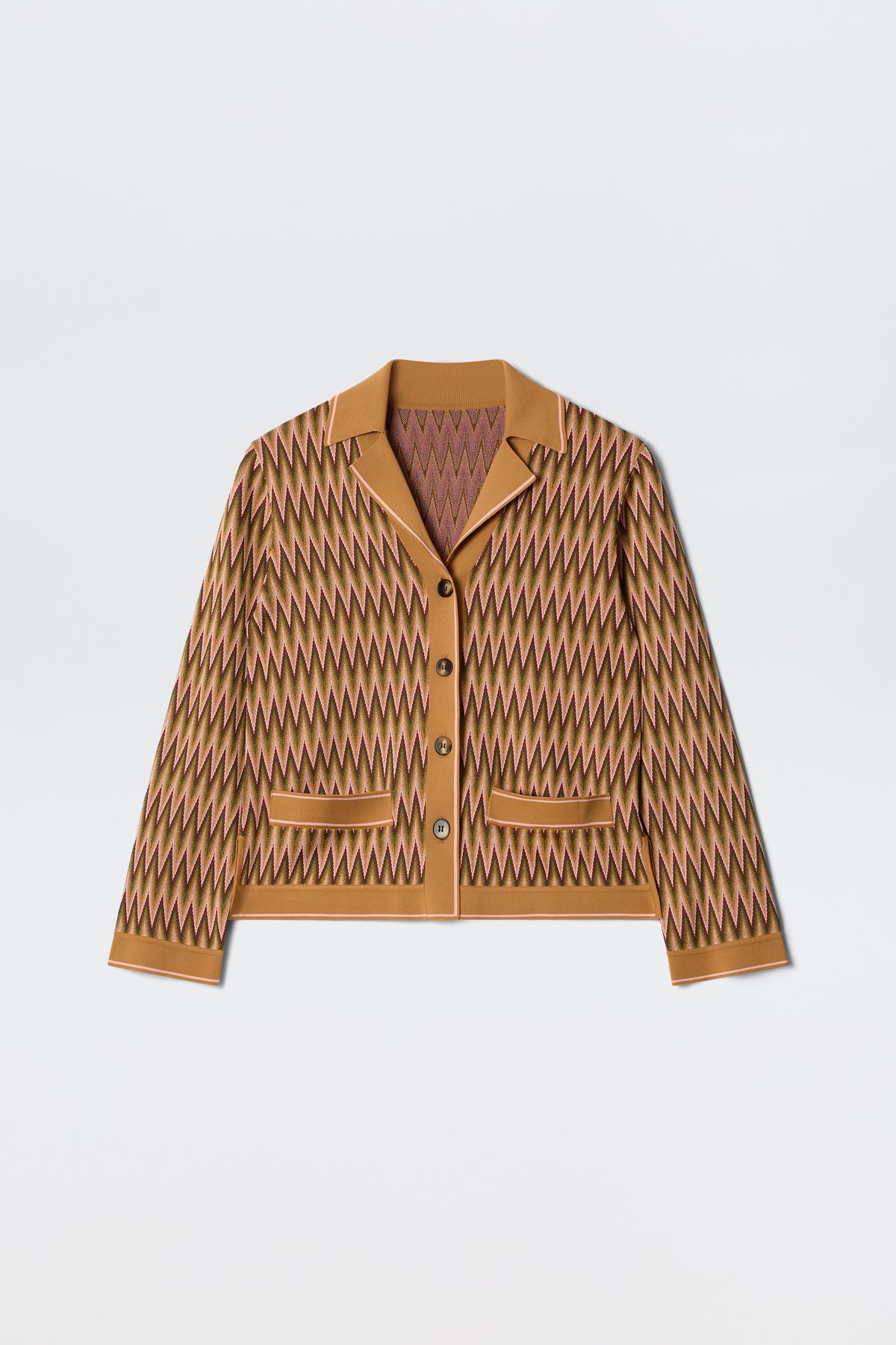 The Quinley Maeve Jacquard Multi is a brown long-sleeve jacket with beige and mauve zigzag patterns, a collar, button-up front, and two front pockets, shown laid flat on a white background.