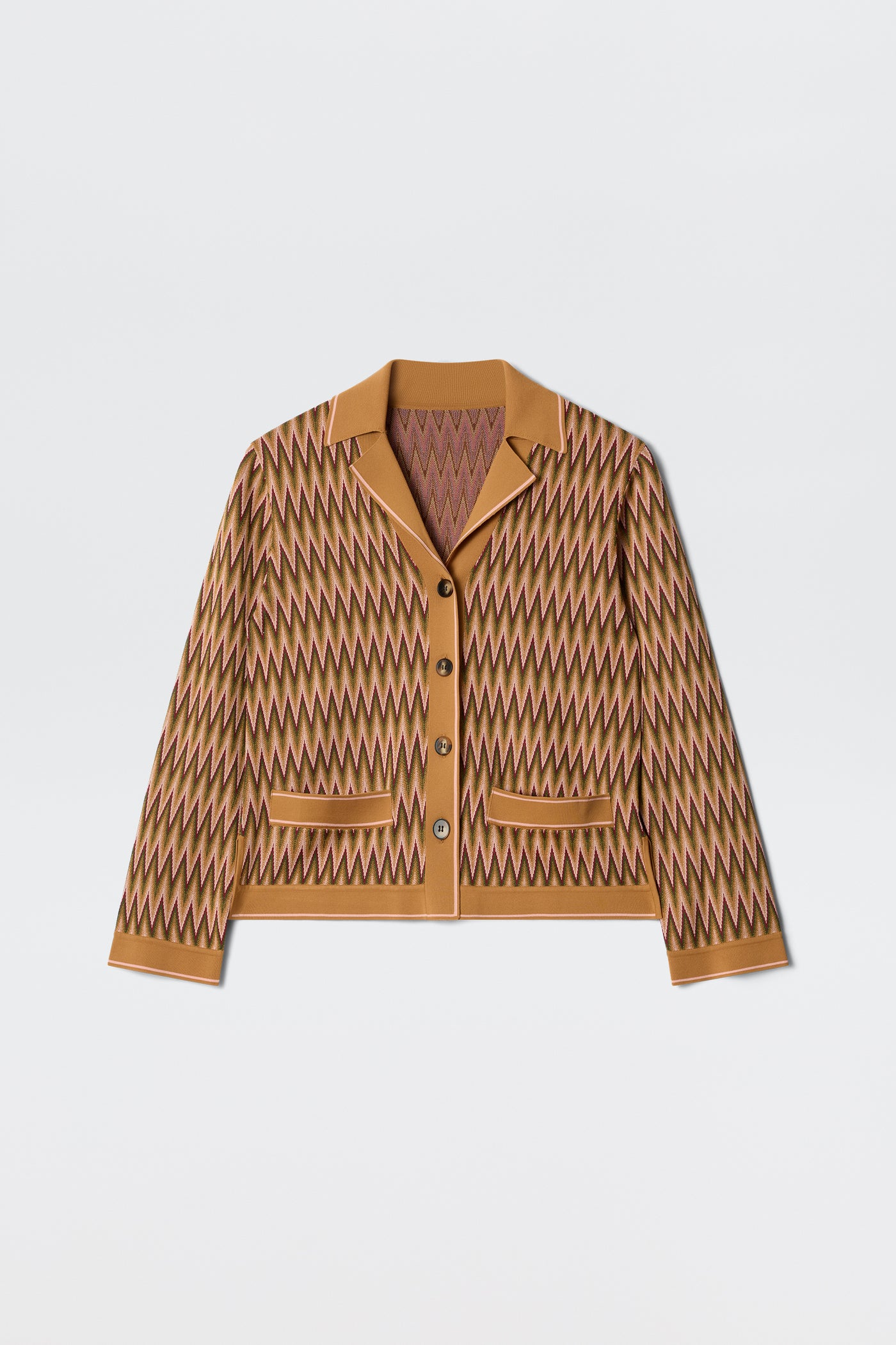 The Quinley Maeve Jacquard Multi is a brown long-sleeve jacket with beige and mauve zigzag patterns, a collar, button-up front, and two front pockets, shown laid flat on a white background.