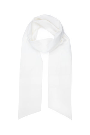 The "Hermione - Satin Back Silk Crepe" is a long, plain white scarf with pointed ends, laid flat on a white background and loosely looped at the top—an elegant bridal or wedding accessory.