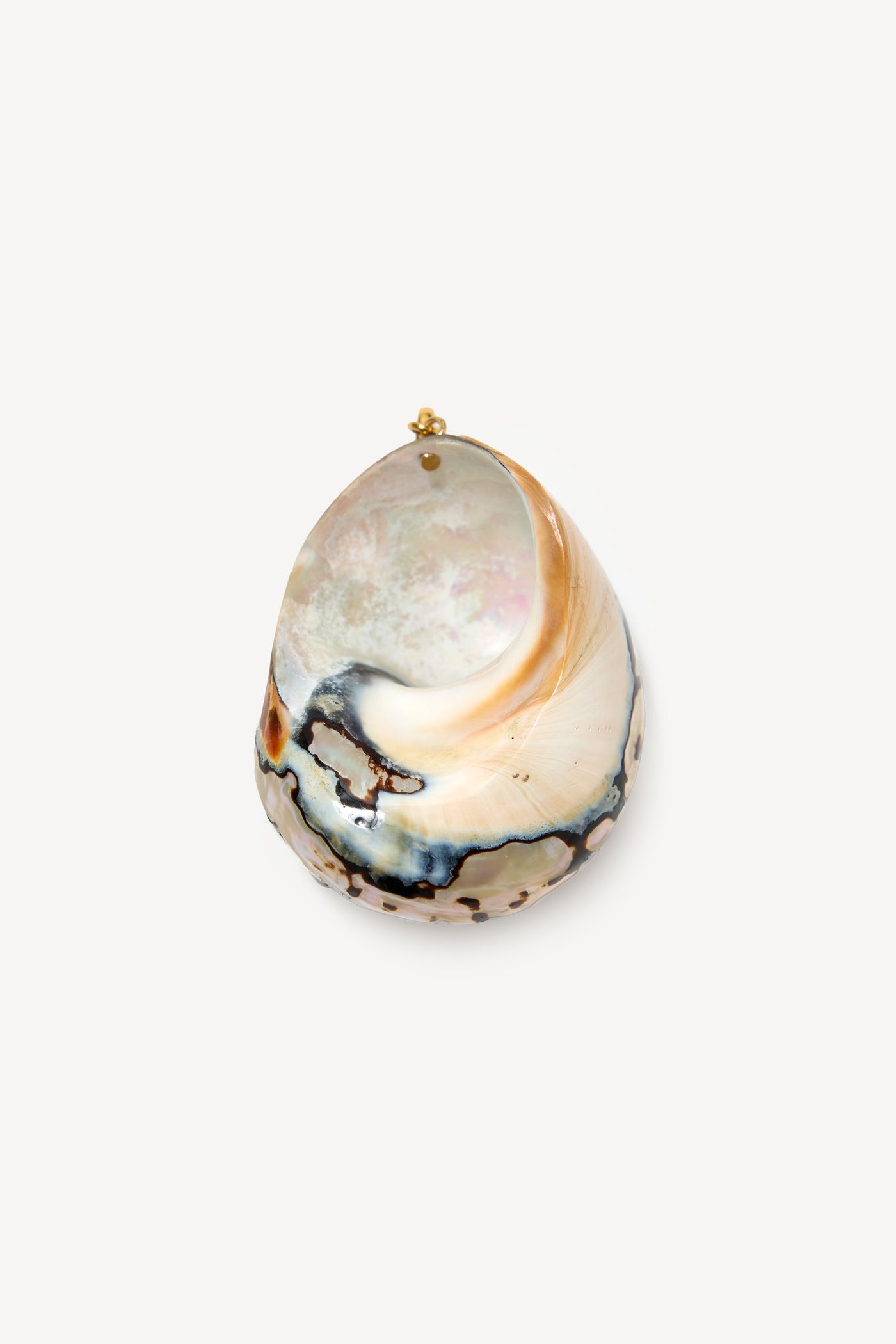 Certainly! Here’s a rewritten version of the sentence incorporating the product name: The Elira - Gold necklace features a single iridescent seashell pendant with a gold loop at the top, showcasing exquisite natural swirls of cream, beige, black, and subtle hints of blue—reminiscent of rare finds at antique fairs—set against a plain white background.