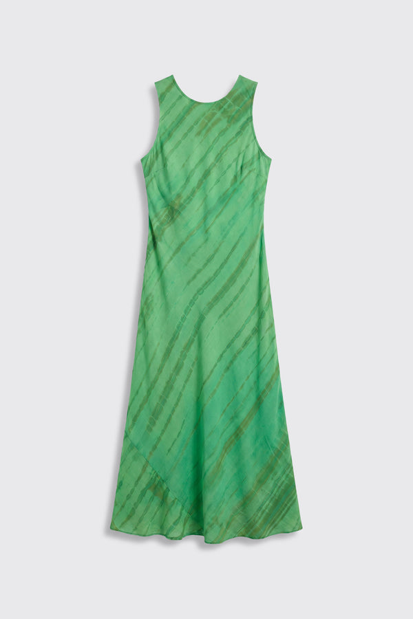 Sleeveless "Yousra - Tie Dye Green" dress with an A-line silhouette, featuring subtle diagonal stripes and a flowing hem, displayed flat on a light gray background.