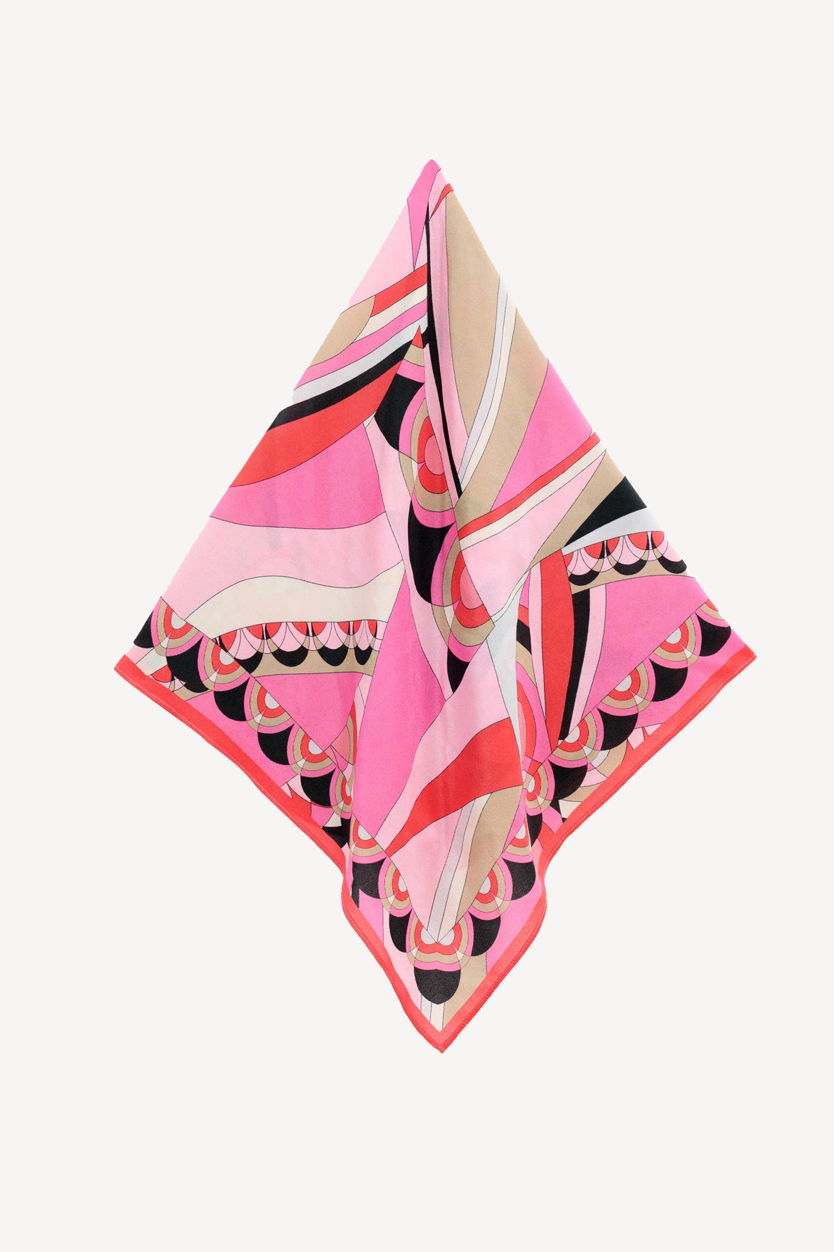 The Menno - Soho Geo Pink scarf features abstract geometric patterns in pink, beige, black, and white—this silk accessory adds versatile style to any wardrobe and is shown against a plain white background.
