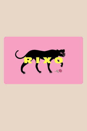 A black panther stands on a pink background with "RIXO" in yellow across its body, reflecting RIXO’s vintage style. Beneath its front paw is a small pink flower, highlighting the E-Gift Card’s playful design.